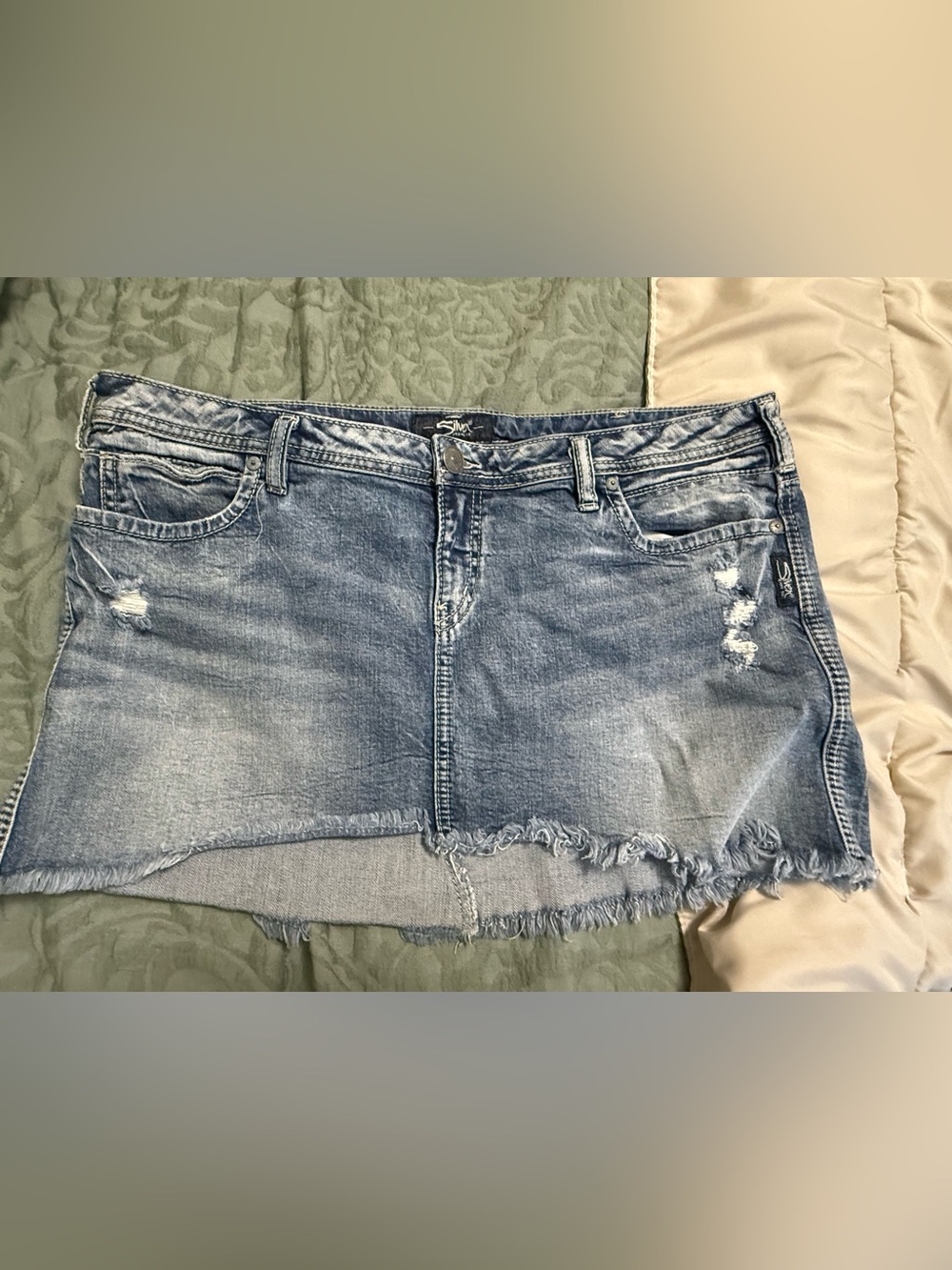 Silver Jeans Light Blue Distressed Denim Mini Skirt